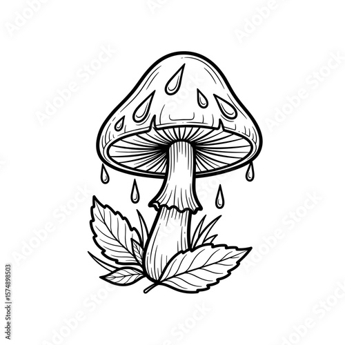 Detailed illustration of a mushroom with water droplets and leaves in black and white