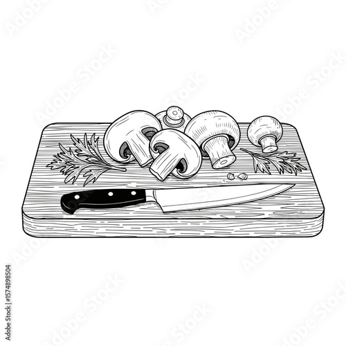 Fresh mushrooms and a knife on a wooden cutting board in black and white