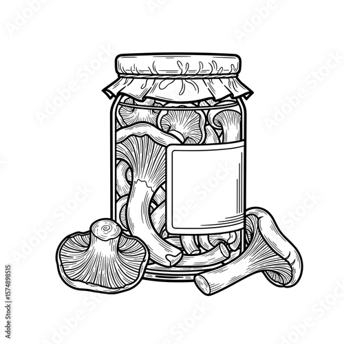 Jar of preserved mushrooms with additional mushrooms beside it in black and white