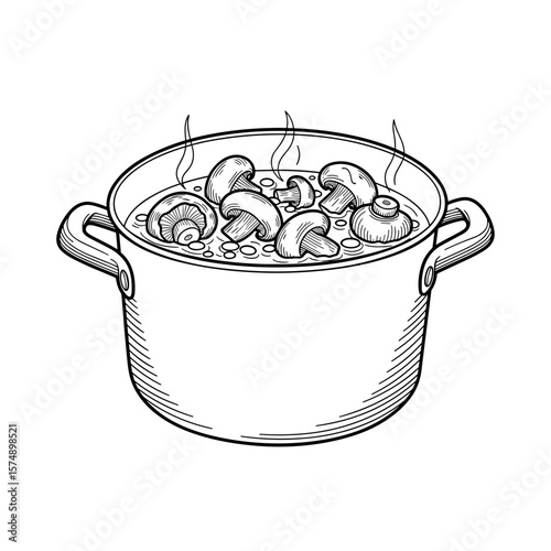 Pot of mushrooms simmering with steam in black and white
