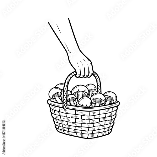 Hand holding a basket filled with mushrooms in black and white