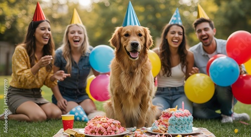 Golden retriever enjoys a birthday celebration outside with friends and balloons, showcasing joy, friendship, and a festive outdoor party atmosphere in a bright, sunny setting.