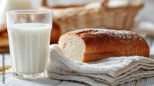 Delightful breakfast moment with fresh bread and creamy milk in a cozy kitchen setting