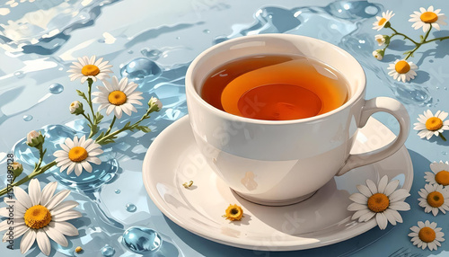 Wallpaper Mural A cup of fresh chamomile tea surrounded by crystal clear water droplets and flowers. Torontodigital.ca