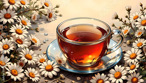 Wallpaper Mural Fragrant tea in a transparent cup among fresh chamomile flowers. Torontodigital.ca
