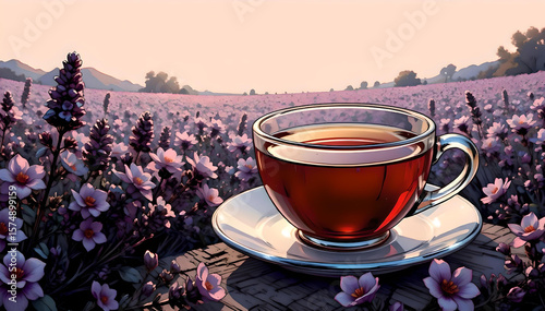 Wallpaper Mural A cup of herbal tea in a transparent cup against the background of a blooming lavender field. Torontodigital.ca