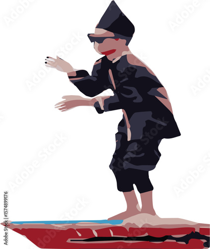 Aura Farming Kid. Pacu Jalur Riau Festival. A boy is barefoot and standing on a colorful bow of a Indonesia traditional boat