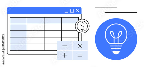 Spreadsheet interface with currency symbol, calculator showing math symbols, and a glowing bulb icon. Ideal for finance, budgeting, accounting, problem-solving, innovation, education and simple
