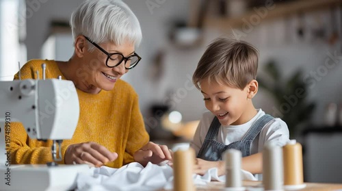 Seamstress and Grandchild: A heartwarming scene unfolds as a grandmother and her grandchild engage in a collaborative sewing project.