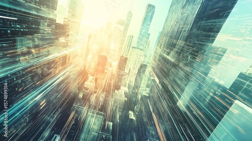 Metropolis Sunlight: A dynamic urban landscape shimmers with the promise of innovation, showcasing towering skyscrapers bathed in the radiant glow of sunlight, symbolizing progress.