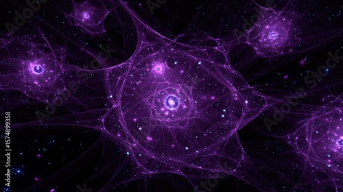 Abstract cosmic illustration featuring vibrant purple nebulae and luminous stars interconnected by delicate filaments, creating a mesmerizing view of the universe's vastness and beauty