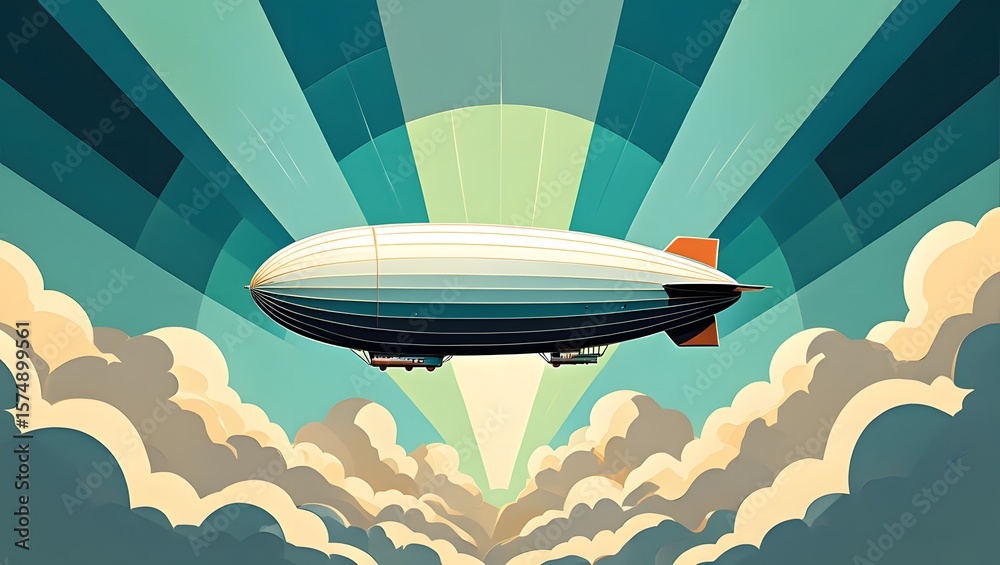 Fototapeta premium Vintage zeppelin airship flying in the sky with clouds illustration stock image art