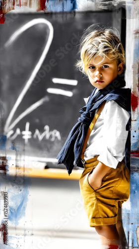 A little boy in a white shirt leans against a wall next to a school board. Back to school concept