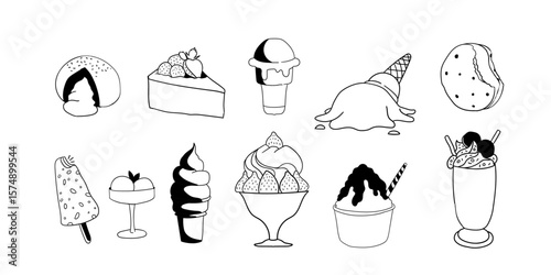  ice cream set collection, no moo scoops,summer delight,cool,ink ice cream illustration,Hand drawn,design element menu,food cart,ice cream background design.