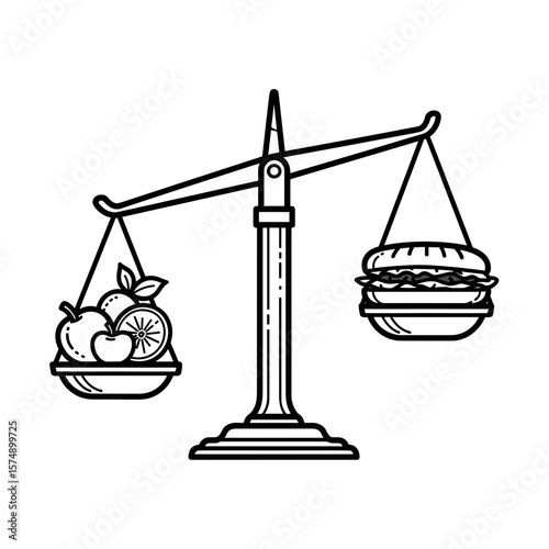 Scales balancing fruits and a burger representing health choices in a detailed illustration