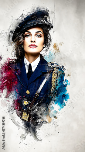 An young woman in a detailed military-style uniform and beret within an artistic textured background.