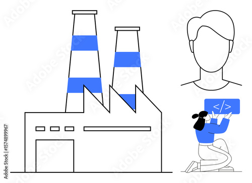 Industrial factory with chimneys, individual writing code on a laptop, and head outline. Ideal for technology, coding, innovation, industry, teamwork, creativity and a simple landing page