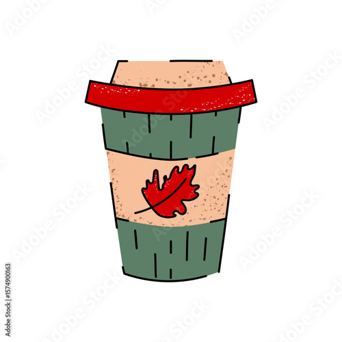 Autumn hot drink in paper cup. Stylized autumn paper cup