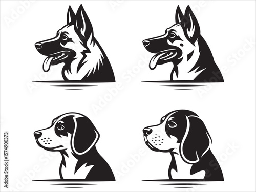 Set of stylized black and white dog head silhouettes german shepherd and beagle breeds