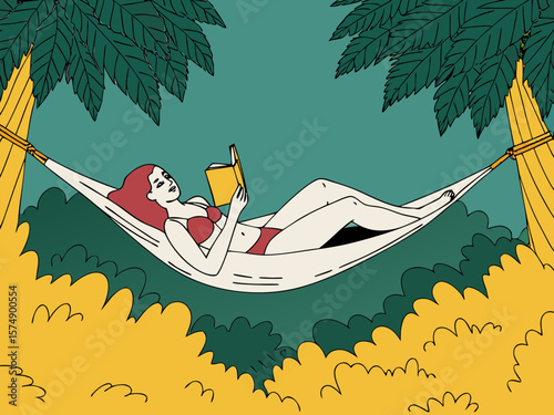 Vector illustration of a woman reading relaxed in a hammock.