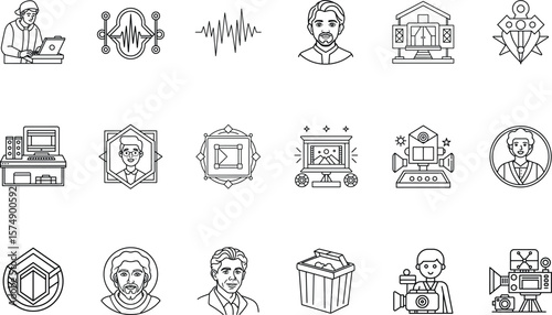 Line art icons video editing, audio waves, people, film equipment vector