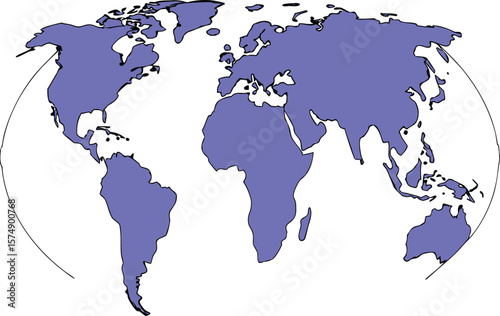 World map continents blue outlined black purple