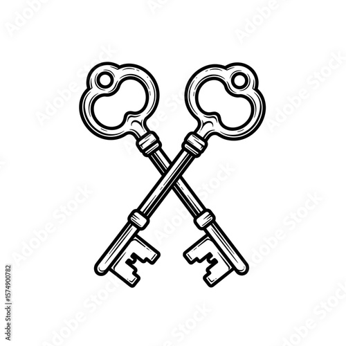 Two crossed antique keys in black and white