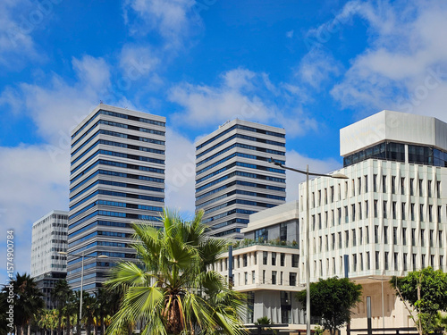 Casablanca, Morocco - July 7, 2025 - view of modern business buildings at Casablanca Finance City (CFC) in the heart of Anfa, a dynamic finance district with sleek architecture, urban development