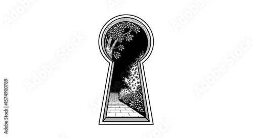 Keyhole view revealing a garden pathway in black and white