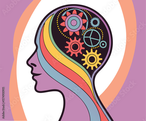 Colorful mind gears inside a profile silhouette head