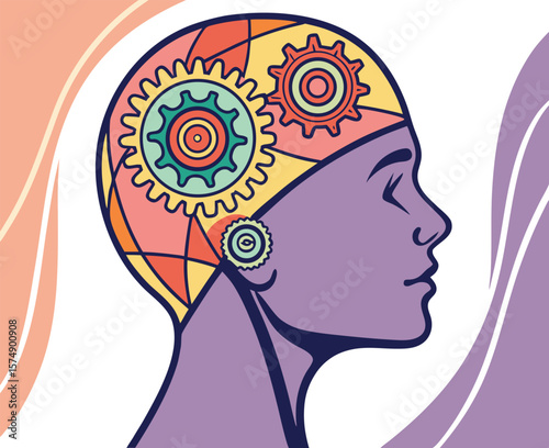 Stylized human head with internal gears and abstract background profile brain