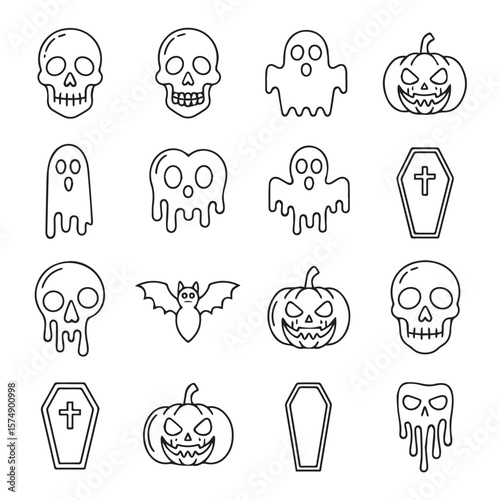 A diverse set of halloween themed icons featuring skulls, ghosts, pumpkins, bats, and coffins with dripping effects