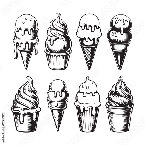 A delightful set of ice cream cones and cups in various styles, perfect for summer treats and desserts