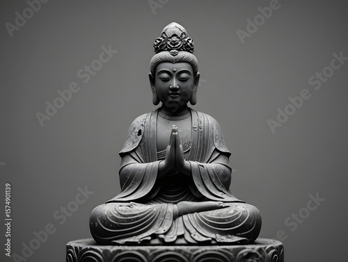 Meditating buddha statue, zen buddhism sculpture, spiritual art and religious iconography