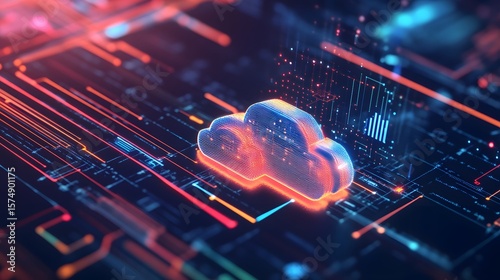 Cloud computing Concept: A futuristic concept featuring a neon cloud icon glowing over a complex microchip circuit, embodying data storage, AI, and blockchain technology.
