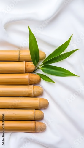 Bamboo sticks and leaves on white fabric background for spa and wellness concept use