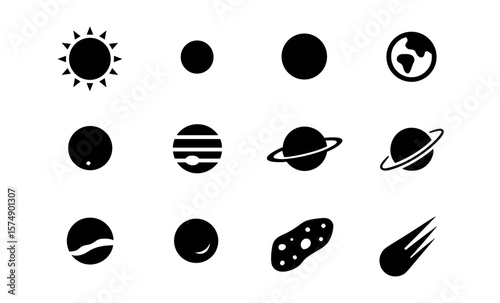 Solar system icons set: sun, planets, asteroid, comet in black silhouette style