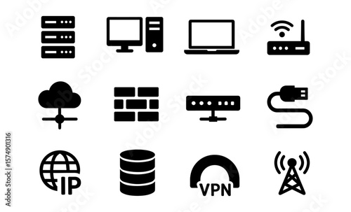 Essential computer and network device icons in bold silhouette style