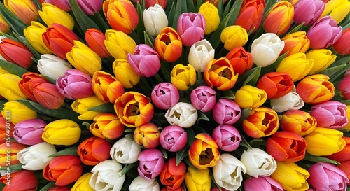 Spring splendor abounds in this stunning display of vibrant tulips, showcasing a variety of colors like red, yellow, pink, and white, creating a cheerful floral arrangement.
