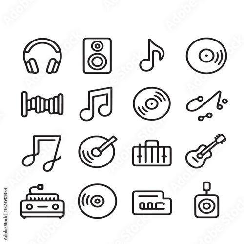 A collection of musical instrument and audio equipment icons in a simple line art style