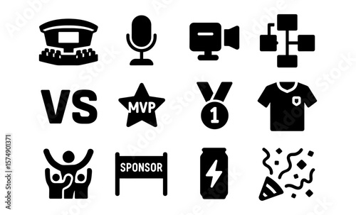 Sports icon set with stadium, microphone, camera, and team symbols in bold black silhouette style