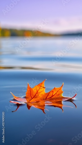 Autumn leaf floating on water surface scenic view fall season nature photography lake