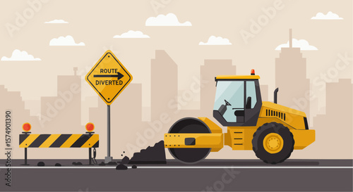 Road Construction Machine and Diverted Route Sign