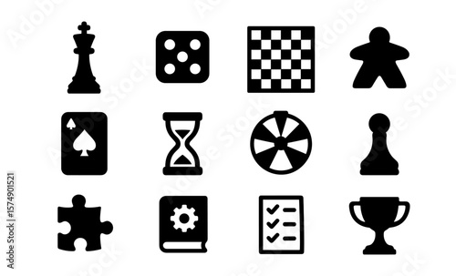 Board game icons collection: strategy, puzzle, and dice in bold silhouette style