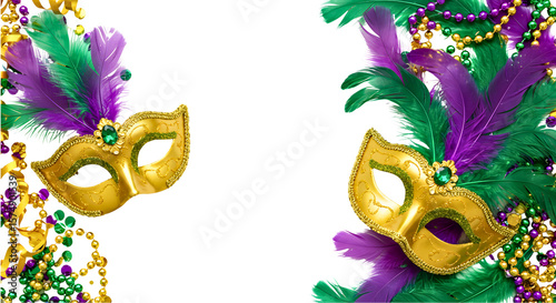 Golden mardi gras masks and beads with purple and green feathers isolated on transparent background