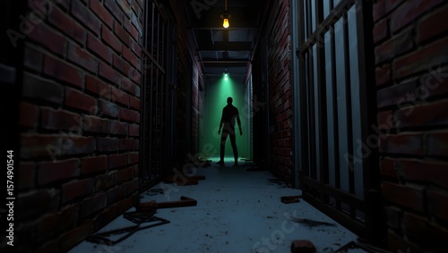 Dark prison hallway with silhouette figure and green light scary jail cell interior