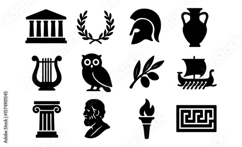 Ancient greek icon silhouettes featuring cultural and historical symbols
