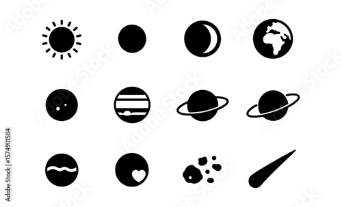 Simple planet and space icons set: minimalist celestial bodies collection