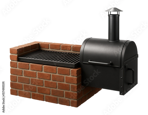 A rustic wood-fired brick grill with a separate smoking chamber, ideal for a rural homestead.