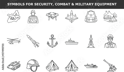 Outline military symbols including soldier drone jetpack tent helicopter missile anchor ship tower